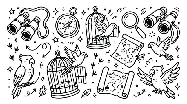Doodle set of parrots with birdcages maps and binoculars.