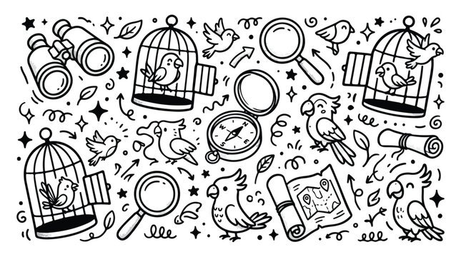 Hand drawn doodle set of tropical parrots and birdwatching equipment.