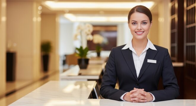 portrait of a smiling professional female receptionist or hotel concierge in a dark business suit sitting at a modern luxury hotel lobby front desk counter backdrop