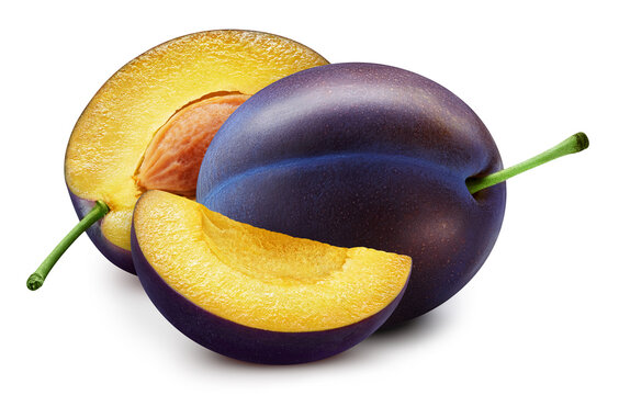 Isolated Plum. Fresh organic Plum isolated clipping path. Plum macro studio photo