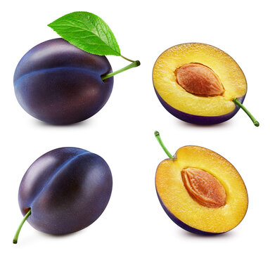Plum. Plum with leaves isolated on white background. Plum with clipping path