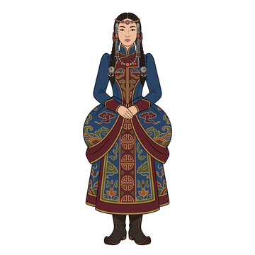 An illustration of a Mongolian woman from the 1880s wearing a traditional high-collared deel robe adorned with intricate ethnic embroidery.
