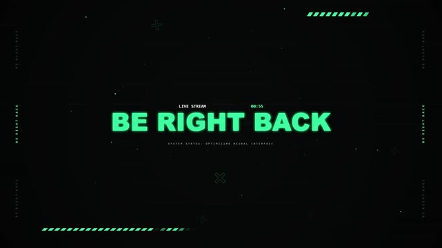 1 Minute Countdown Live Stream Be right back text overlay with glitch effect, digital screen distortion, retro broadcast, gaming intro, urgent message