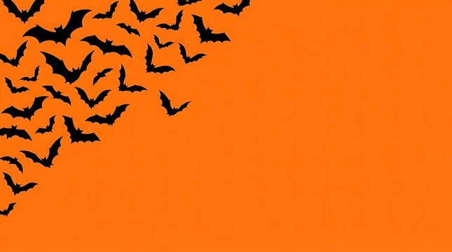 Black bat silhouettes flying on a vibrant orange background halloween themed design