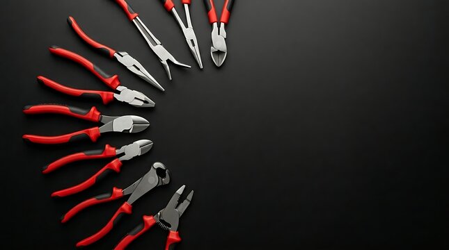 Variety of red handled pliers and cutting tools arranged on a black background