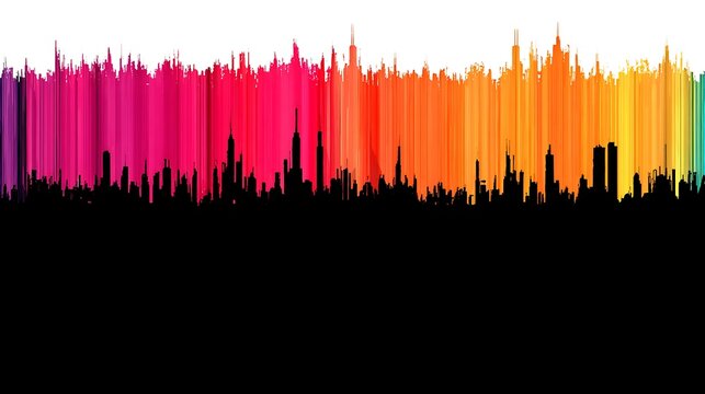 Abstract city skyline silhouette with colorful gradient sky and tall buildings