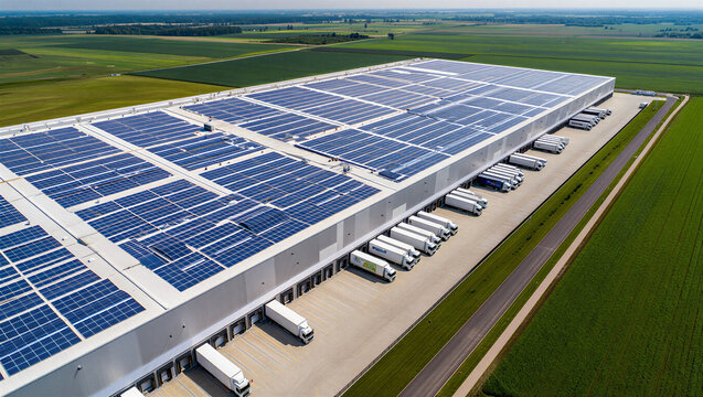 Aerial view of a massive logistics warehouse facility with a solar panel rooftop, warehouse