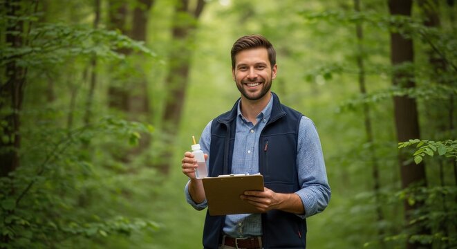 smiling male ecologist holding a clipboard and water sample bottle in a lush green forest, conducting environmental research and field work