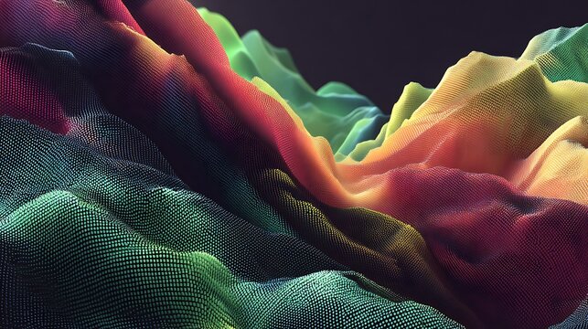 Abstract colorful flowing ribbons with metallic and glossy texture on dark background