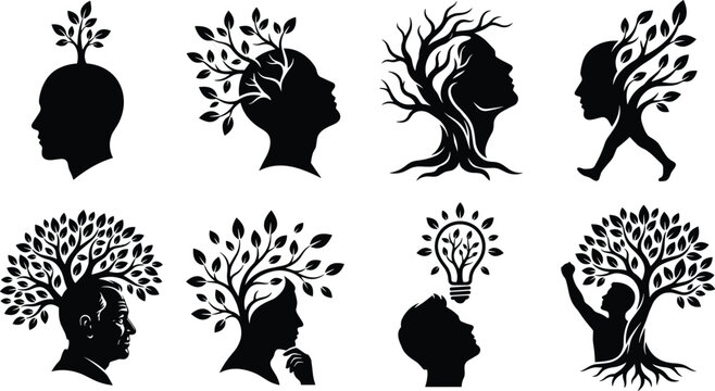 Black Silhouette Collection of Human Heads Merged with Trees Symbolizing Growth, Knowledge, and Creative Development