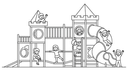 Fototapeta premium Children playing on large castle themed playground structure.