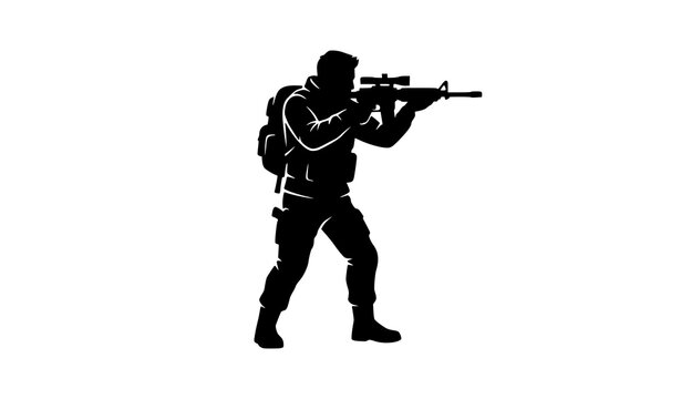 Black silhouette of zombie hunter character with rifle ready stance vector isolated illustration for action game concept