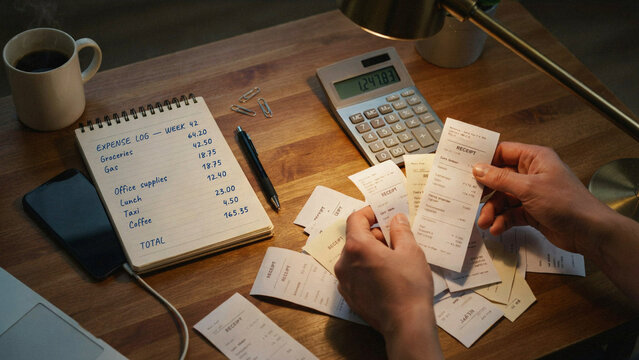 Person organizing expense receipts and calculating total costs on desk
