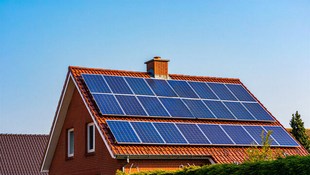 Solar panels on a red brick residential house roof with photovoltaic renewable sustainable