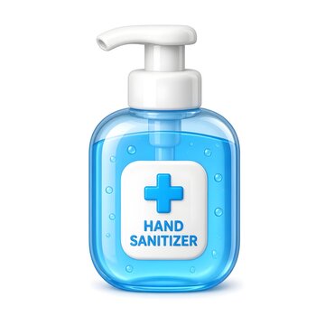 Sanitizer bottle with blue liquid and plus symbol for hygiene and cleanliness