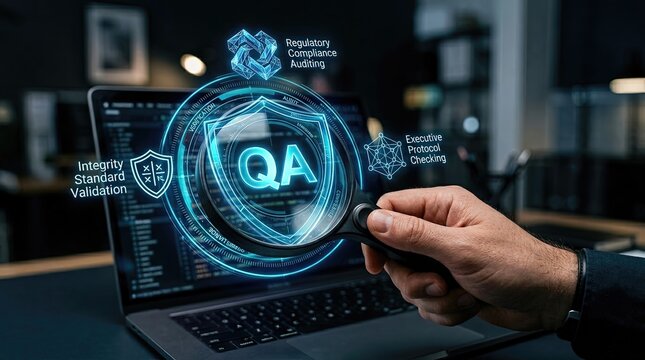 Exploring quality assurance in digital spaces: a close up on qa processes featuring technology icons and data analysis in a contemporary workspace environment