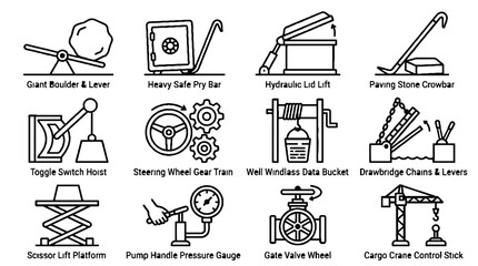 Obraz premium Collection of simple machines and mechanical engineering physics icons in line art style.