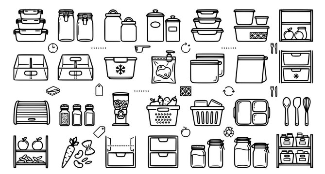 Kitchen storage and organization line art collection for commercial design projects