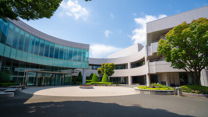 Contemporary architectural building with a distinctive curved glass facade and elegant landscaped © Fx Studio