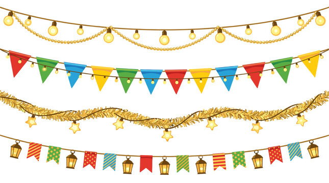 Festive hanging garlands with lights pennants and lanterns