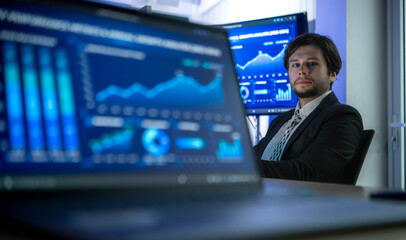 Fototapeta premium Software developer working at a computer while colleagues present business analytics in the background