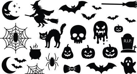 Fototapeta premium Helloween collection black silhouette icons for halloween witch bats skull and spooky elements