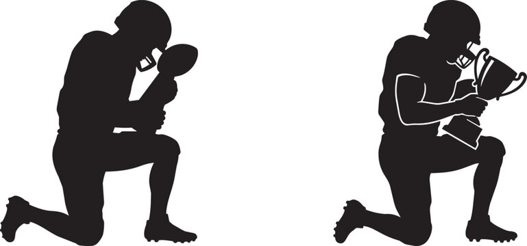 Two people kneeling proposing with trophy in silhouette style