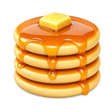 Stack of golden pancakes topped with butter and syrup on white background