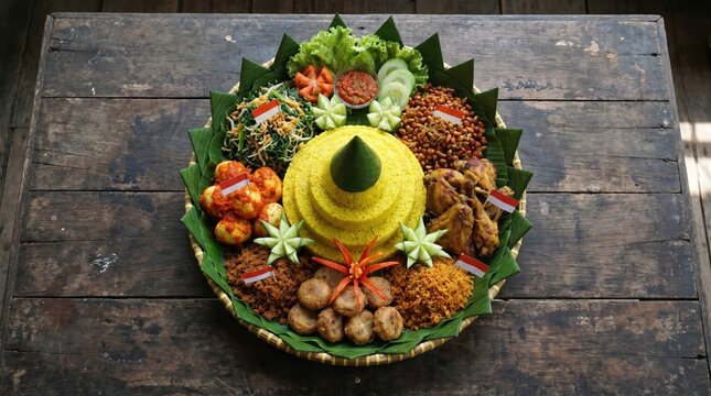 Traditional Indonesian nasi tumpeng rice dish on wooden table with various side dishes.