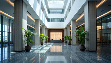 Spacious modern corporate building lobby with marble floors and potted plants corporate building © Fx Studio