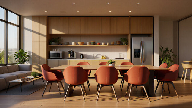 Modern office kitchen and breakroom with large wooden dining table and orange chairs, breakroom