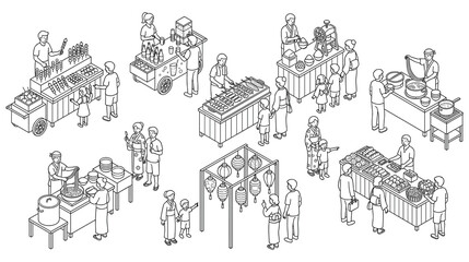Obraz premium Isometric illustration of street vendors and customers.