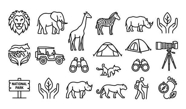 Creative safari outline vector icon set with African animals wildlife and ecotourism symbols