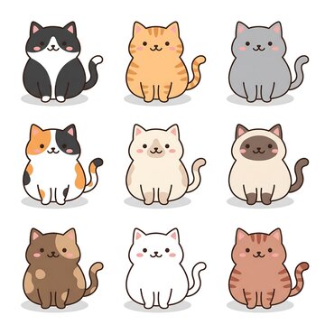 A cute 3x3 grid of nine diverse, chubby cartoon cats in various colors and patterns, smiling warmly with joyful expressions against a clean white backdrop.