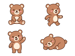 Fototapeta premium Charming brown teddy bear character set showing sweet expressions, sleeping, and waving, perfect nursery vector