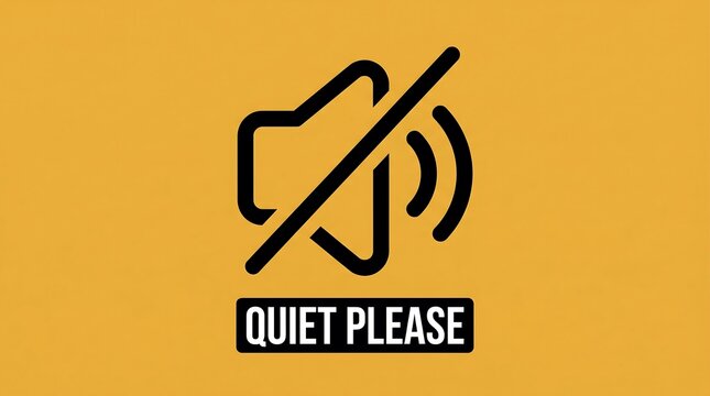The image Design a minimalist,_high contrast poster features a bold black mute icon and the text "QUIET PLEASE" on a vibrant yellow background.