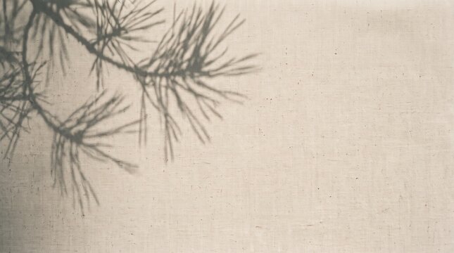 Minimalist pine needle shadow on beige canvas texture in Japanese film style with copy space