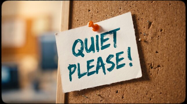 A close-up shot of a white handwritten note reading "QUIET PLEASE!" pinned to a textured cork bulletin board with an orange pushpin.