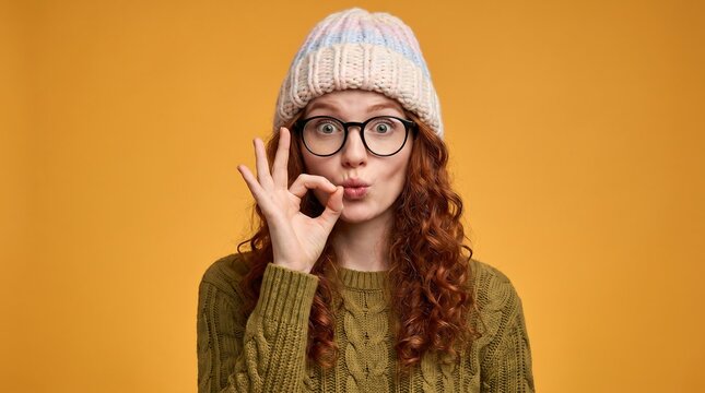 A cheerful young woman with curly red hair, glasses, and a knit beanie making a playful duck face while showing an OK hand gesture against a bright yellow background.
