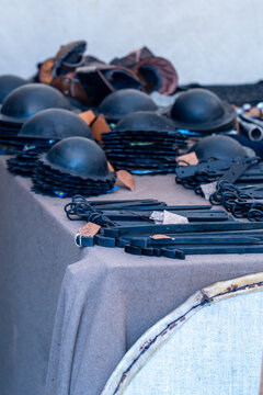 Blacksmith components for medieval armor and shields on display for sale