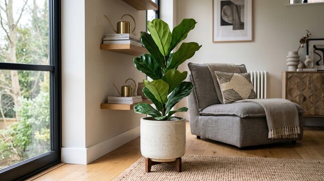 Potted fiddle leaf fig plant indoor houseplant decoration in cozy living room interior with houseplant interior decoration furniture