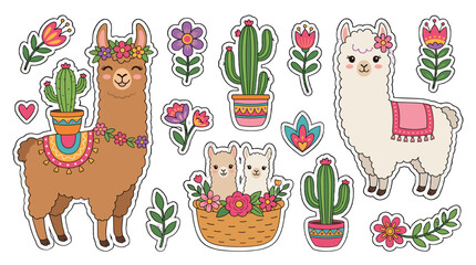 Obraz premium Cute llama and cactus sticker set with flowers and basket