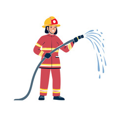Fototapeta premium Cartoon Firefighter Using Hose, Vector Illustration