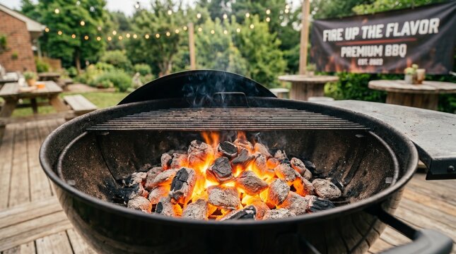 Outdoor barbecue grill with burning coals on wooden deck