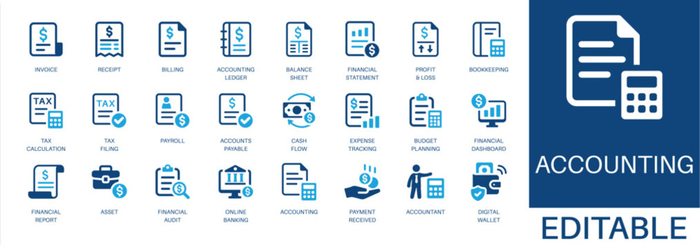 Accounting and finance solid icon set. Featuring invoice, financial statement, balance sheet, payroll, and tax calculation. Editable vector glyphs for corporate audit and financial planning.