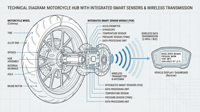 Technical diagram showing a motorcycle wheel hub with integrated smart sensors and wireless data transmission to a vehicle dashboard display for monitoring