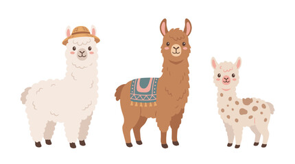 Obraz premium Cute cartoon alpacas and llama characters set on white