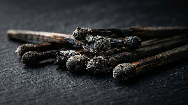 Pile of burnt matches on dark textured surface macro shot