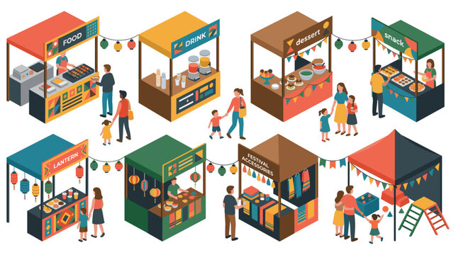 Isometric festival market stalls with people shopping at booths.