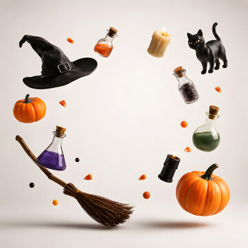 Floating witch hat potion bottles and broomstick. Halloween festival